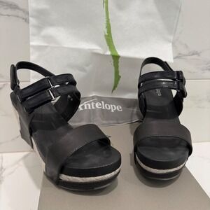 Antelope Black Leather Platform‎ Wedge Sandals 38 Strappy Cork Sole Comfort